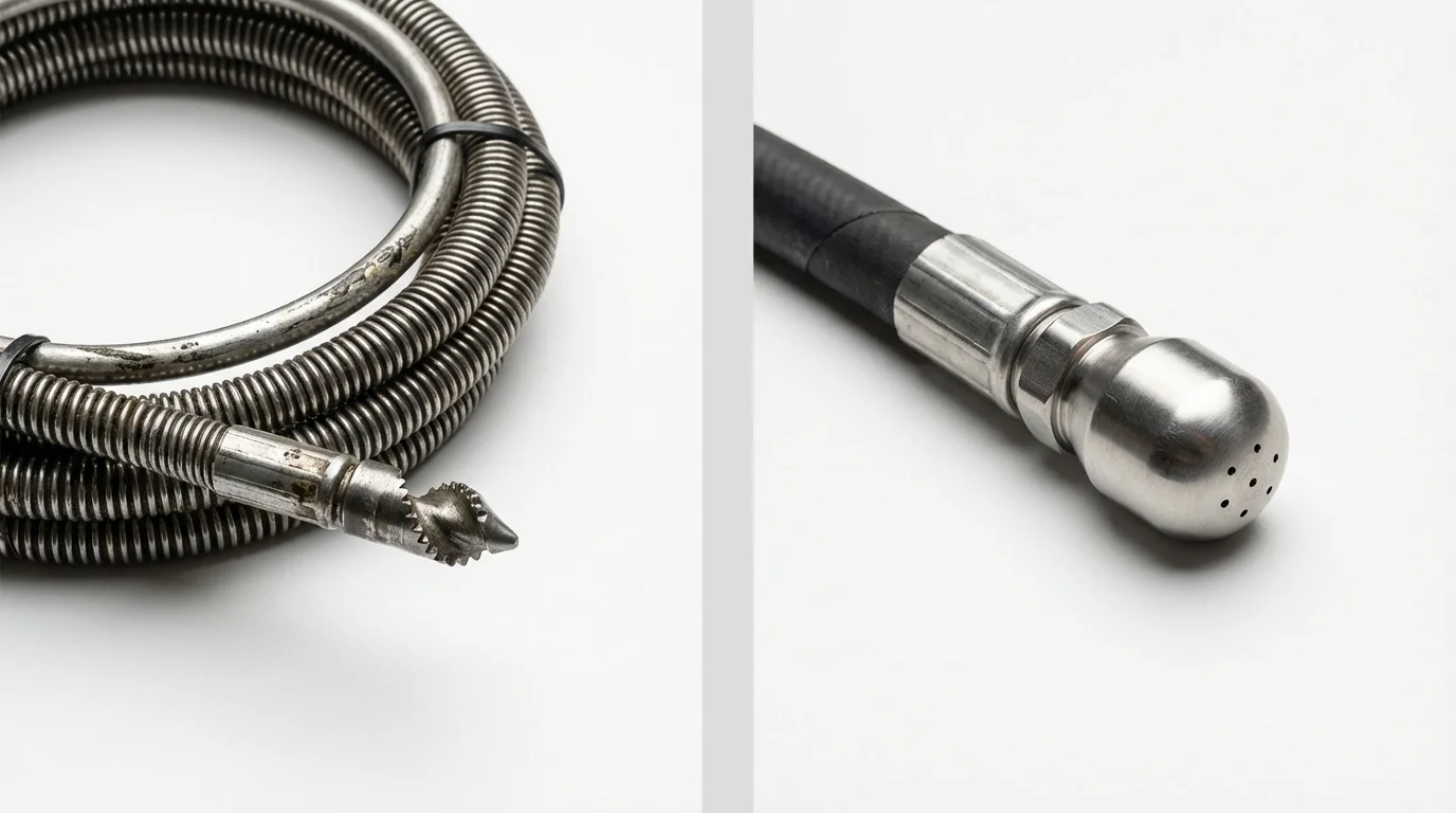 Drain snake cable and hydro jetting nozzle used for drain cleaning in Wayne, ME