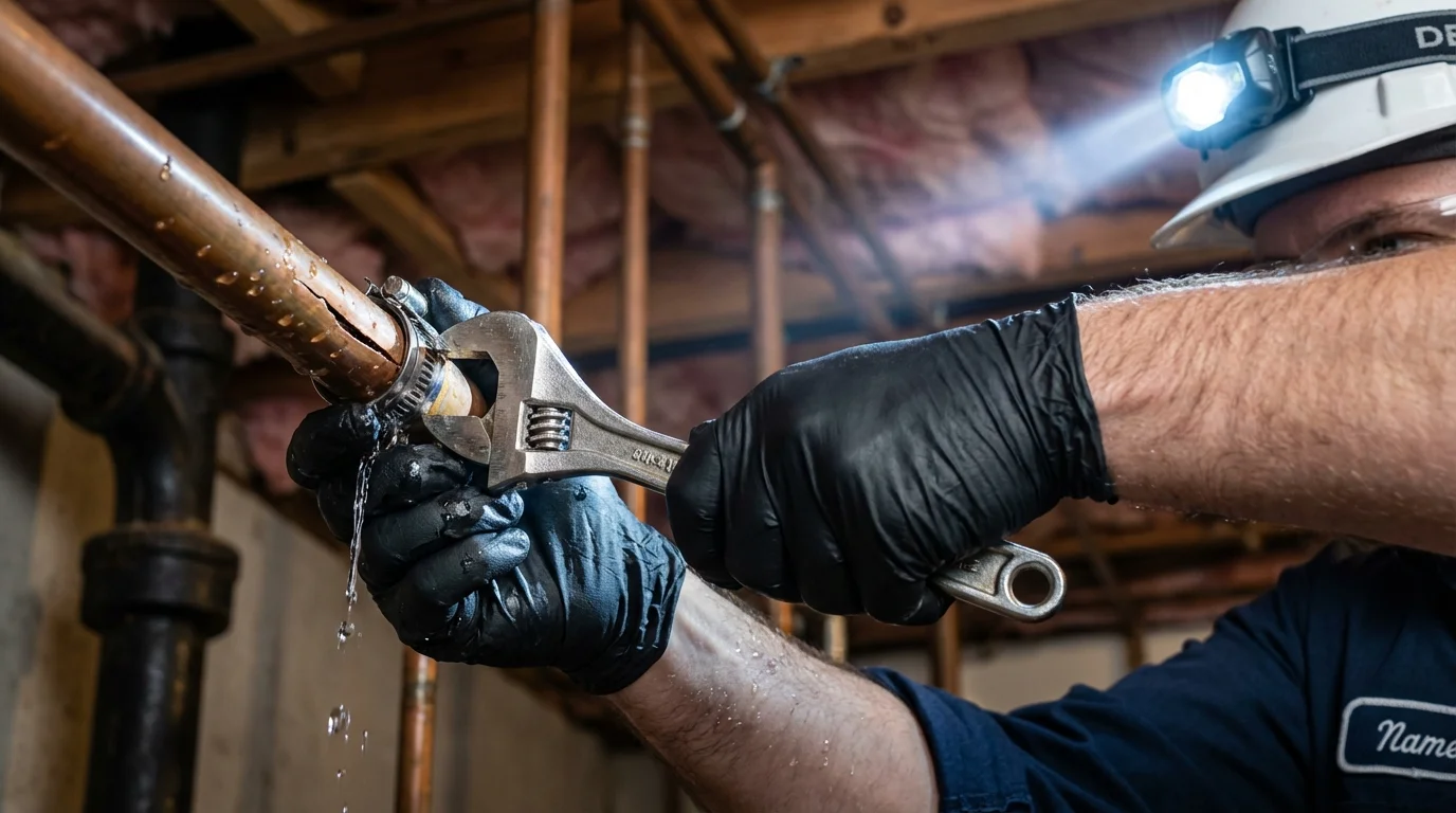 Emergency pipe clamp repair being performed by a Johns Plumbing LLC plumber in Wayne