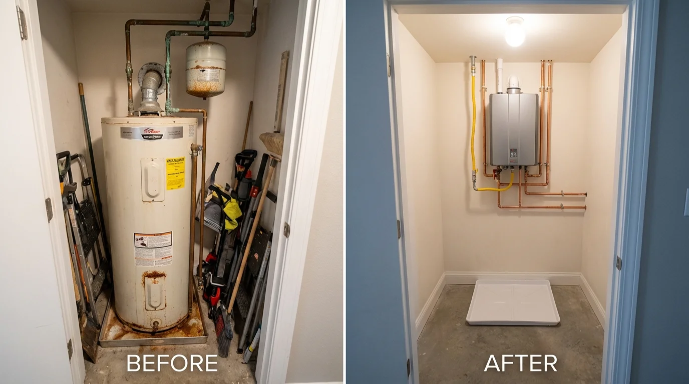Tank water heater versus wall-mounted tankless unit comparison for Wayne, ME homeowners
