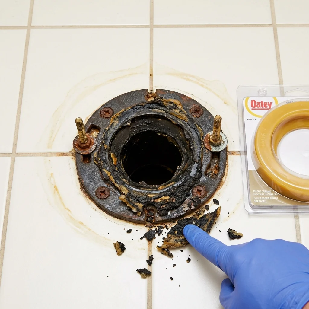 Failed wax ring showing water seepage at the base of a toilet in a Wayne, ME home