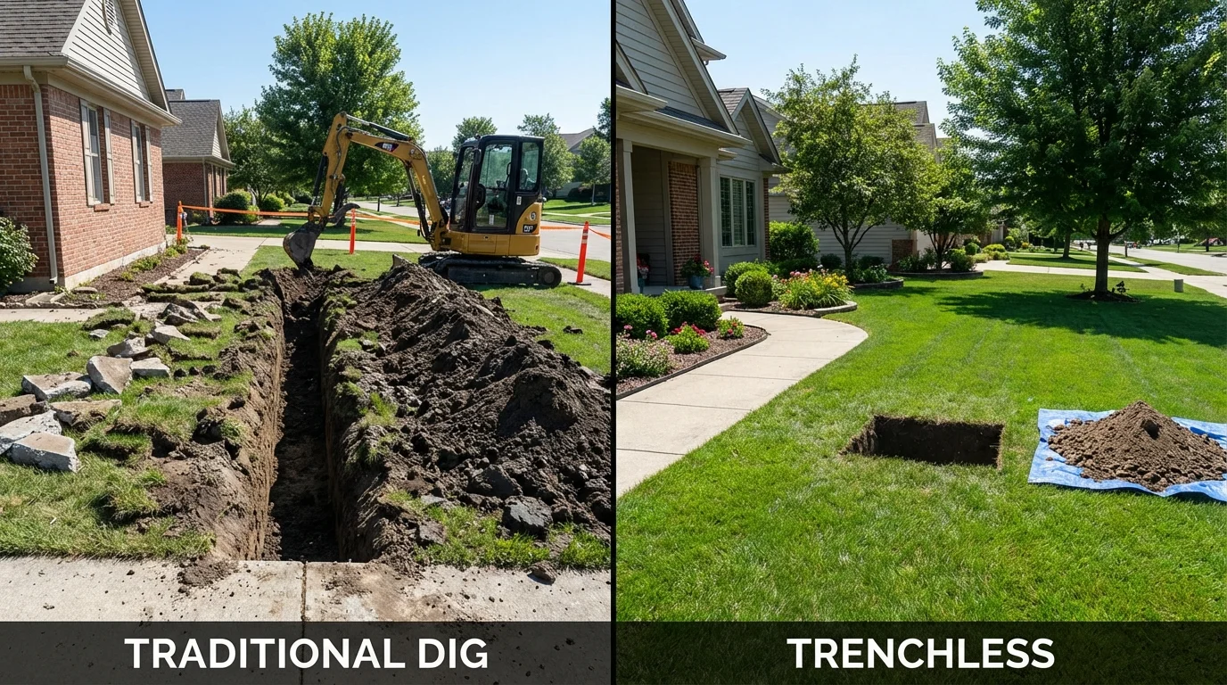 Trenchless sewer repair with minimal yard damage versus traditional excavation in Wayne, ME